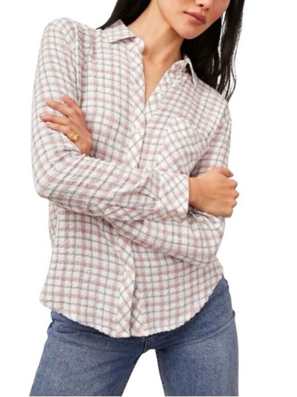 Rails Brady Seersucker Pink White Plaid Relaxed Button Up Shirt Women’s Medium
